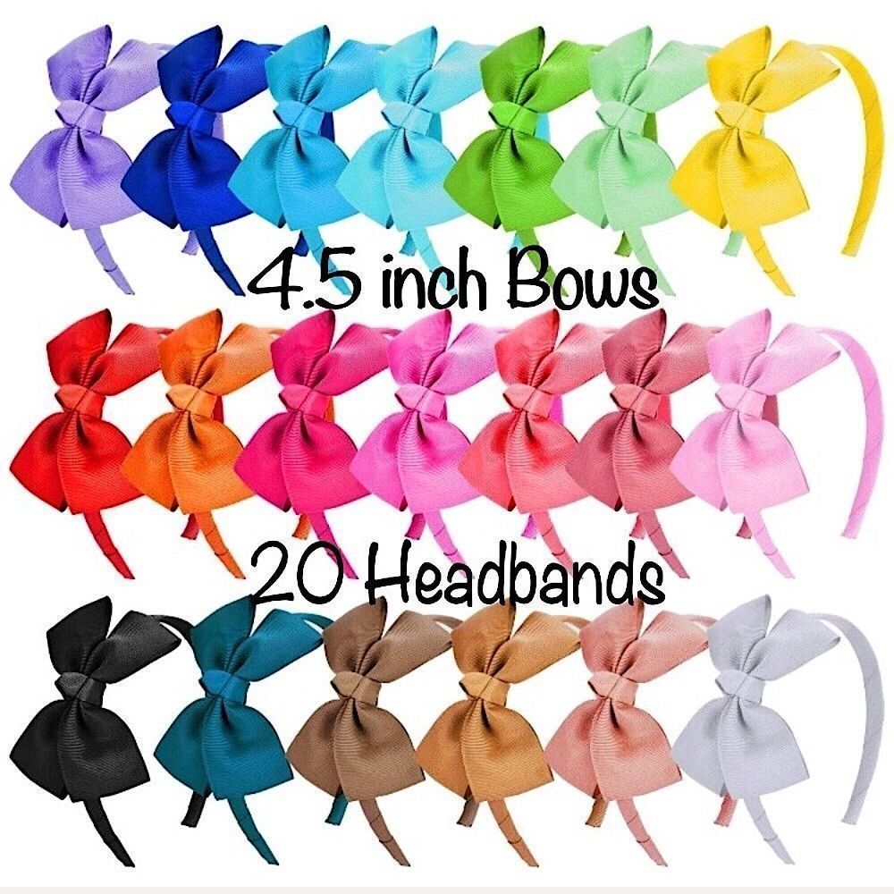 20 Headbands with Rainbow Color Grosgrain Bow - 4.5 inch Bows